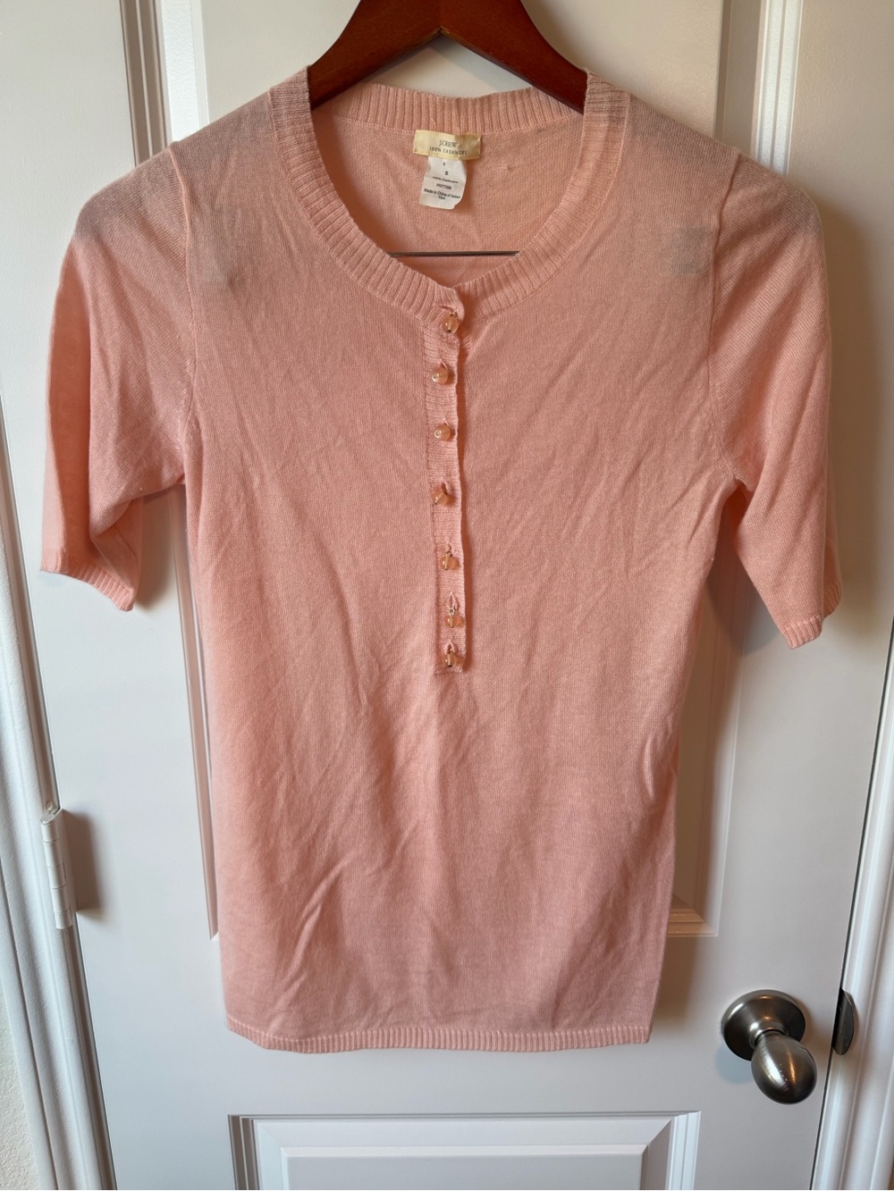 ⚡️J.Crew 100% Cashmere Pale Pink Short Sleeve Button Henley Sweater